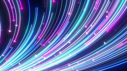 Glowing Neon Arrow Moving . Neon Arrow Pink And Blue Direction Background. Futuristic Neon Light Flow Animation. Neon Arrows Animation, Lots Of Neon Arrow Direction Sign Moving On Dark Blue Background - Powered by Adobe