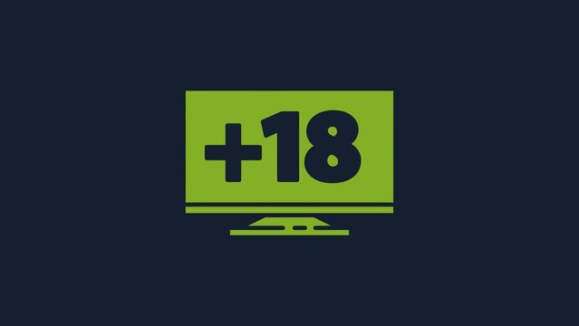 Yellow Computer monitor with 18 plus content icon isolated on blue background. Age restriction symbol. Sex content sign. Adult channel. 4K Video motion graphic animation
