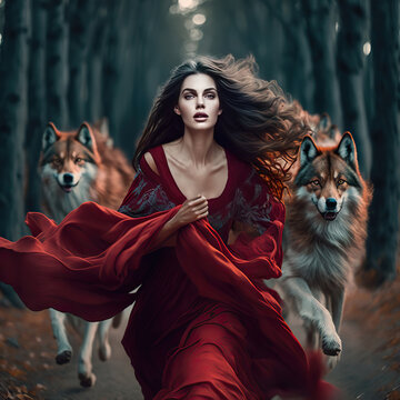 Generative ai woman in red dress running with wolves in the woods