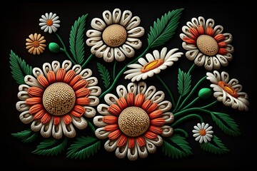 Decorative abstract daisies on black background. Generative AI. 