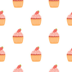 Seamless pattern with delicious cupcake in cartoon style. Vector background with sweets, dessert, pastries
