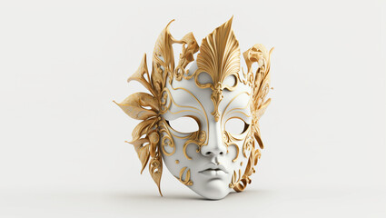 Venetian theater mask or mardi gras, white color with gold, carnael Brazil, white background, 3D style