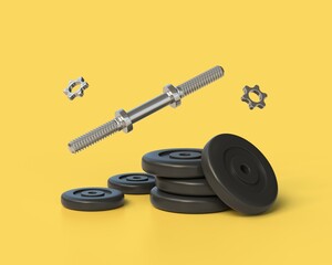 3D dumbbell disassembled, a stack of dumbbell disks in a realistic style. gym equipment, sports themed banner decoration. illustration isolated on felt background. 3d rendering