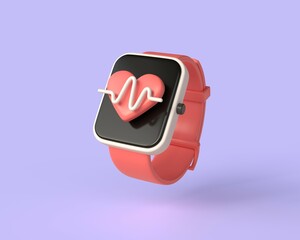 3d fitness bracelet or smart watch with heart sign and cardiogram on display in realistic style. the concept of doing sports and cardio training.illustration isolated on purple background.3d rendering - obrazy, fototapety, plakaty