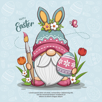 Happy Easter With Funny Gnome Is Painting Egg. Cute Cartoon Illustration