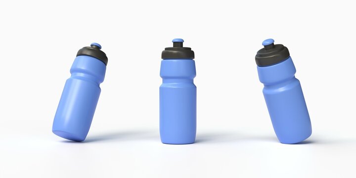 3d plastic bottle in blue realistic style, fitness mixer in the gym.decoration for banners or posters on a sports theme.illustration isolated on white background.3D rendering