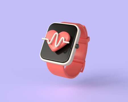 3d fitness bracelet or smart watch with heart sign and cardiogram on display in realistic style. the concept of doing sports and cardio training.illustration isolated on purple background.3d rendering