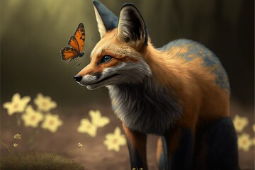  a painting of a fox with a butterfly on its head and a butterfly on its nose, standing in a field of flowers and grass.  generative ai