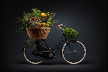Fototapeta na wymiar a bicycle with a basket of vegetables on the back of it's front wheel and a basket of fruit and vegetables on the back of it's front wheel. generative ai