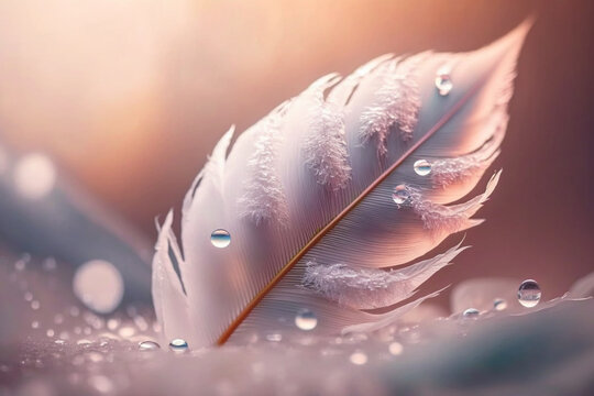Gentle white air feather with drops of dew on a beautiful soft background. Soft dreamy tender artistic image form for postcard or wallpaper for desktop. Macro © ekampos