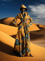 In English: Fashion portrait generated with AI of an African model wearing elegant yellow clothing in the desert, fashion style