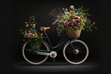 Fototapeta na wymiar a bicycle with a basket of flowers on the back of it's front wheel and a basket of flowers on the back of it's front wheel. generative ai