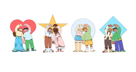 Set of people folding their hands in the shape of a heart, friends and couples. Diversity doodle.