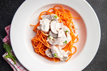 spaghetti tomato pasta mushroom sauce meal food snack on the table copy space food background rustic top view