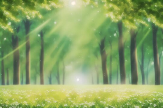 Natural green defocused spring summer blurred background with sunshine - anime style © waldir