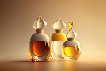 Collection of transparent multi color glass perfume bottles on a light simple background. Art composition of very sweet gourmand warm scents. Stylish parfumerie banner. Generative AI.