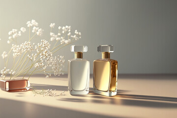 Fresh spring romantic image, stylish transparent glass perfume bottles. Stylish parfumerie banner. Generative AI. - 567491096