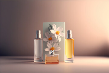 Collection of transparent multi color glass floral perfume bottles on a light simple background. Art composition still life. Stylish parfumerie banner. Generative AI.