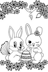 colouring book. coloring page for children with Easter bunnies, with an egg between them, beautiful flowers everywhere. Cartoon vector illustration