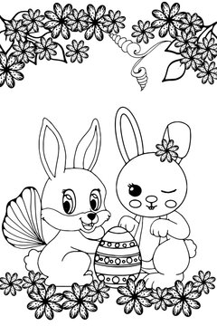 colouring book. coloring page for children with Easter bunnies, with an egg between them, beautiful flowers everywhere. Cartoon vector illustration