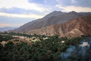 Panoramic view of Birkat Al Mouz and old abandoned village, Oman