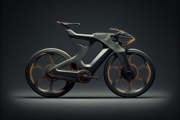 Fototapeta premium a futuristic bike with orange spokes on a black background with a black background and a gray background with a black background and a white background with orange and yellow stripe. generative ai