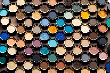 Stylish fashion eyeshadows makeup arrangement colorful pattern background. Generative AI