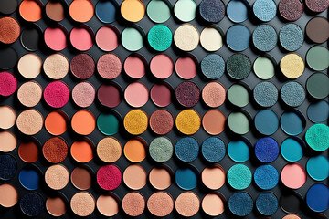 Stylish fashion eyeshadows makeup arrangement colorful pattern background. Generative AI