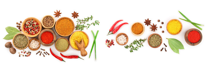 mix of spices in wooden bowl isolated on a white background. Top view. Flat lay. Set or collection