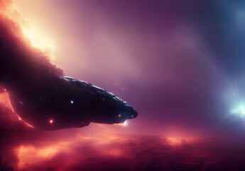 Naklejka na ściany i meble Starship searching through a nebula - generative AI illustration