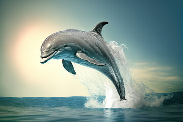 a dolphin jumping out of the water with a sky in the backgrouund and a sun in the sky behind it, with a blue sky and white background.  generative ai