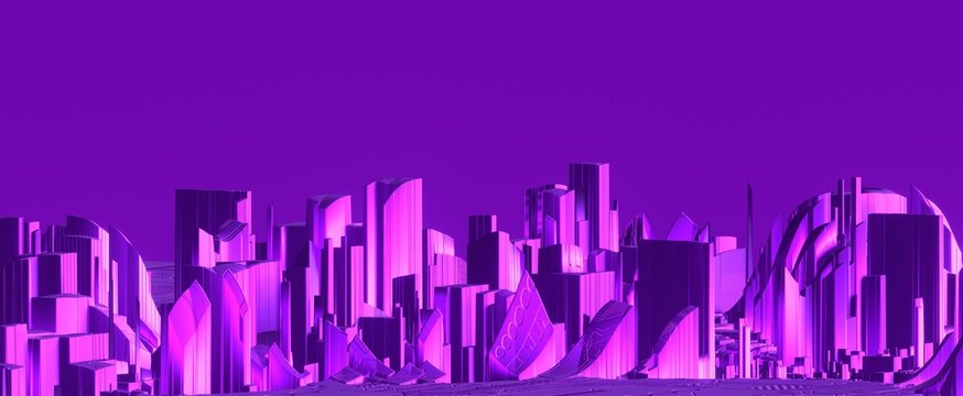 Purple futuristic synthwave metropolis background. Cityscape with 3d render of vaporwave skyscrapers and architectural buildings in retro abstract style. Panorama banner of cyber city 80s © IRYNA