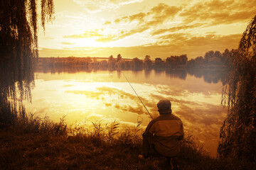 Silhouette of fisherman sitting on shore of lake at sunset - 567492200