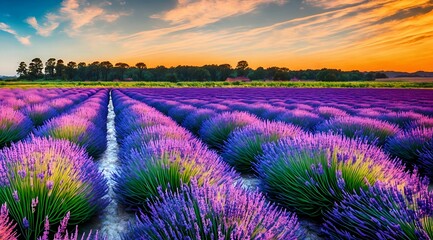 Fototapeta na wymiar Lavender Fields Under the Sunset Sky