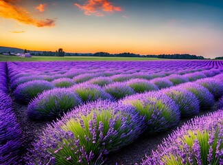 Fototapeta na wymiar A Stunning Sunset in the Lavender Fields