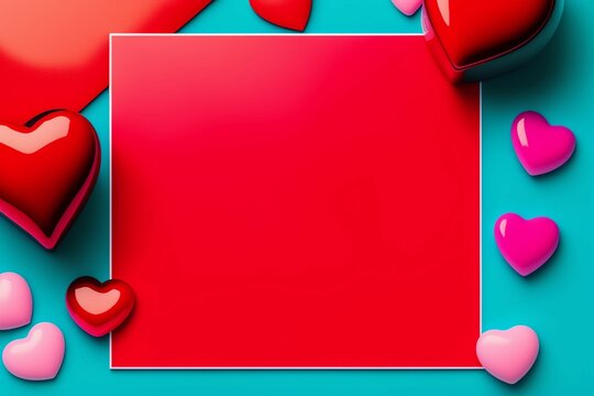 Saint Valentine day greeting with love message. Hearts and red card on blue background top view.