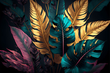 Tropical luxury exotic seamless pattern. Pastel colorful banana leaves, palm. Hand-drawn vintage 3D illustration. Dark glamorous background design.