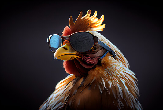 portrait of a hip rooster in shades, generative ai