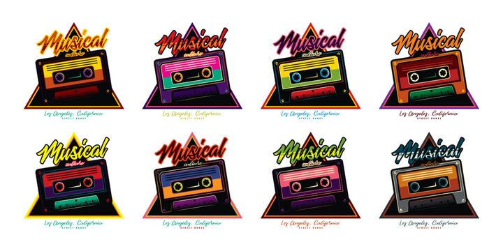 Original vector collection in vintage style. Musical vector emblem in neon style. T-shirt design, design element.