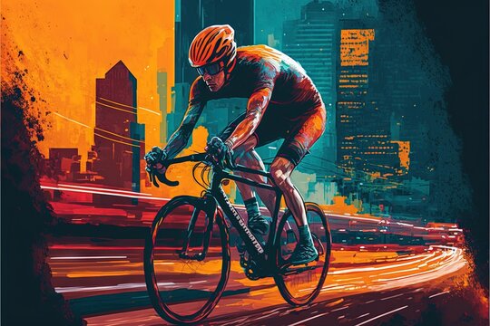  a man riding a bike down a street next to a tall building with a city skyline in the backgrouf of it and a red and orange glow.  generative ai