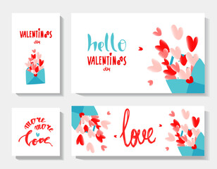 Set of Valentine's Day cards in shades of red in doodle style with hearts and blue envelope. Vector illustration.