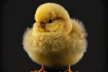 Obraz premium a small yellow chickling standing on a black background with its head turned to the side and eyes closed, with a black background behind it is a black backdrop. generative ai