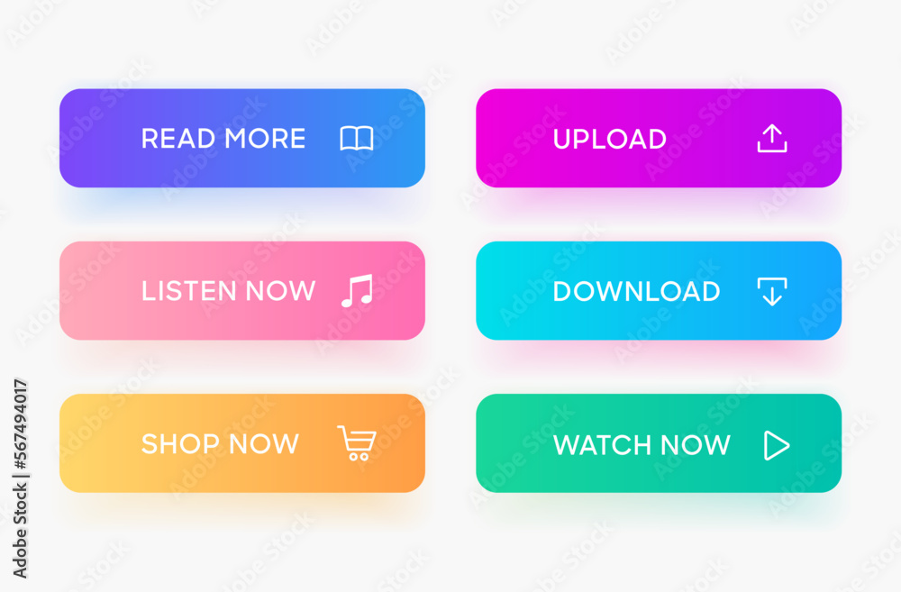 Poster 3d click here web buttons. Set of action button, hand cursor and arrow pointing click link buttons. Add to cart, shop now, download buttons. Online shopping icons for UI UX website, mobile app.