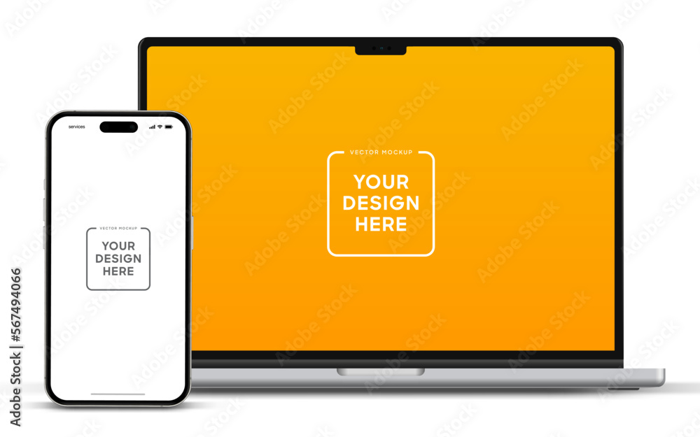 Poster Modern laptop mockup front view and smartphone mockup high quality isolated on white background. Notebook mockup and phone device mockup for ui ux app and website presentation Stock Vector.