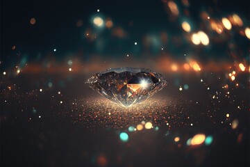  a diamond surrounded by gold dust on a black background with a blurry light around it and a star in the middle of the image.  generative ai - obrazy, fototapety, plakaty