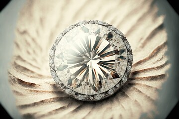  a fancy diamond ring sitting on top of a leaf shaped object with a diamond centerpiece in the middle of the center of the ring.  generative ai