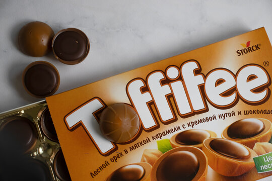 January 2, 2023 Ukraine city Kyiv a box of Toffifee candies on a colored background