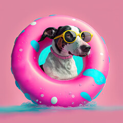 Cute puppy dog in sunglasses floats on rubber ring illustration. Generative ai