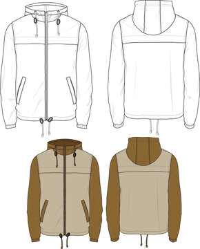 Windbreaker light weight hiking jacket flat sketch template technical CAD illustration