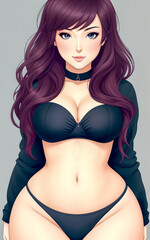 Portrait of a young beautiful fat curvy woman.Anime style. AI generative illustration
